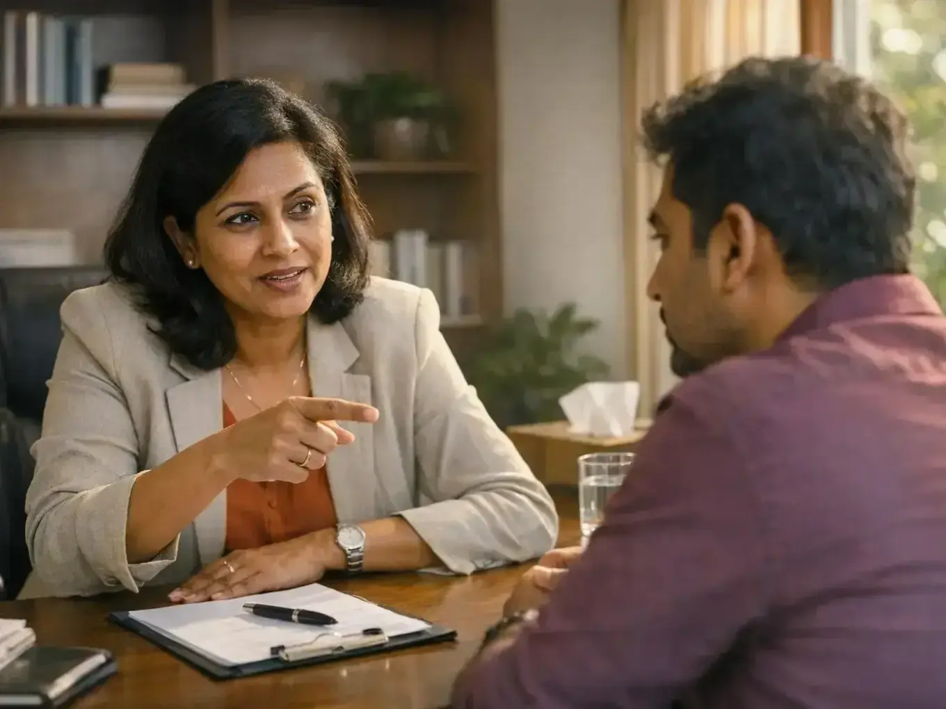 Woman practicing breathing meditation during evening session in Angamali