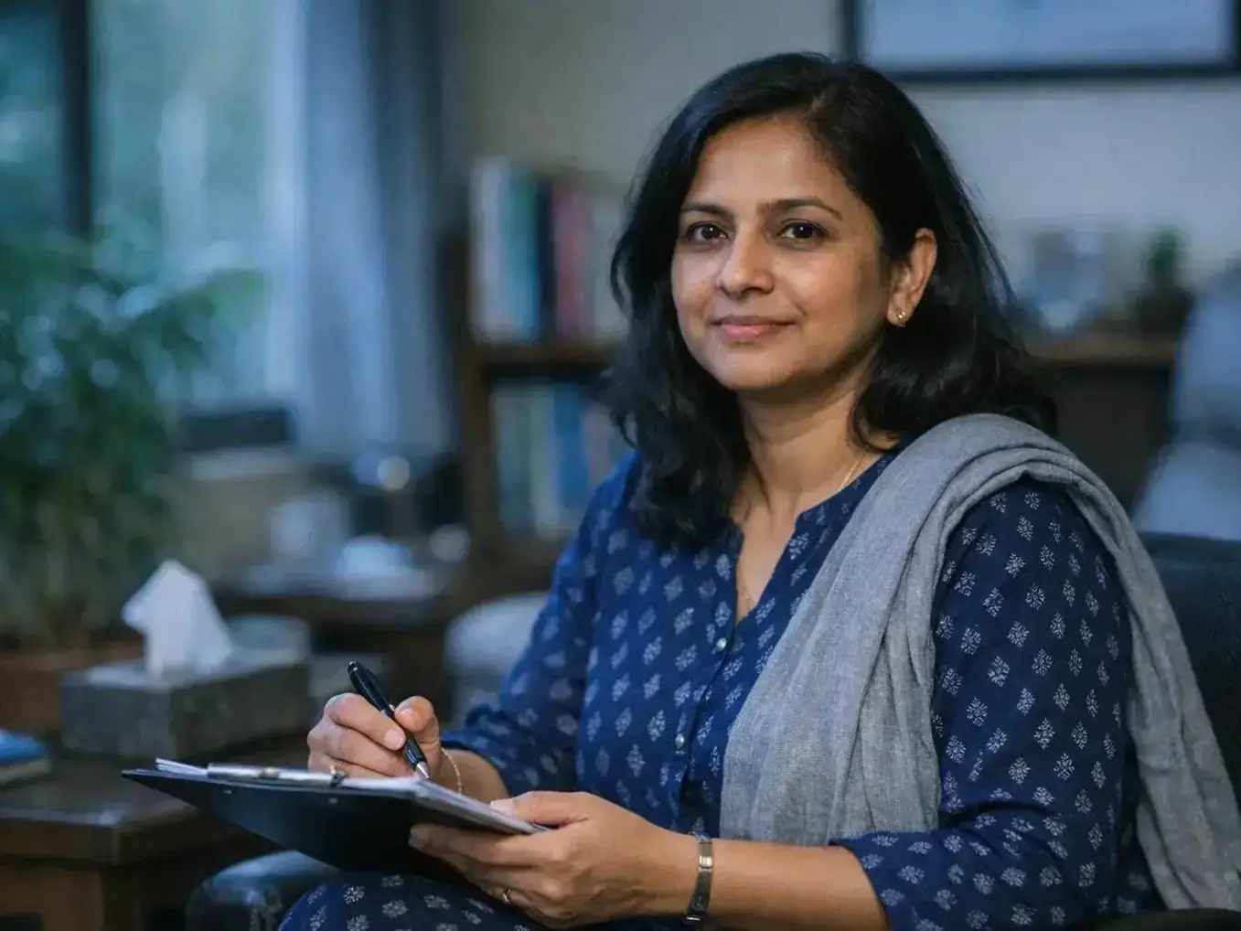 Therapist discussing anxiety management with client using meditation techniques